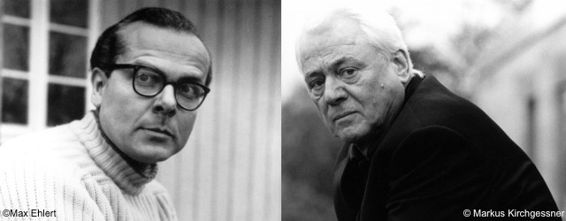 Links ein schwarz-weißes Foto des jungen Arno Schmidt, rechts daneben ein schwarz-weißes Foto von Alexander Kluge.